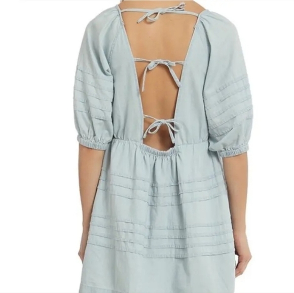 7 For All Mankind Light Wash Denim Back Tie Puff Sleeve Babydoll Mini-Dress - Picture 10 of 10